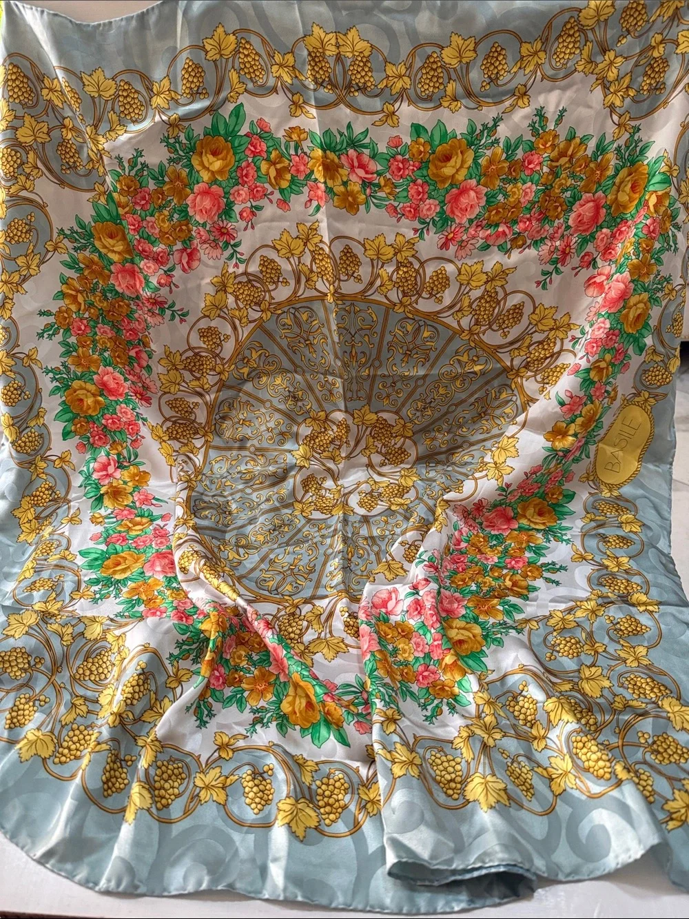 BASILE Silk Floral Garden Square Scarf in Gold, Pink Green & Blue made in Italy
